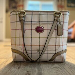 Coach Cream Plaid Tote Bag with Leather Trim